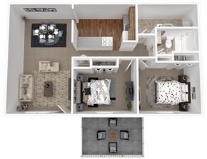 Belcamp apartment for rent - A top-down view of a house layout with a kitchen, living room, and bedrooms.