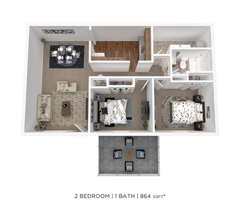 Floor plan for 2 beds, 1 bath, 864 sqft