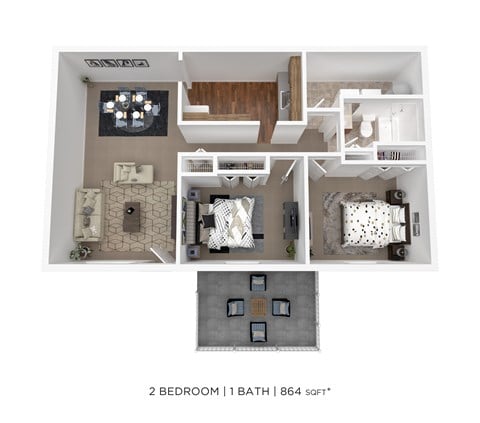 Floor plan for 2 beds, 1 bath, 864 sqft
