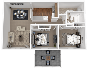 Hilliard apartment for rent - A top-down view of a house layout with a kitchen, living room, and bedrooms.