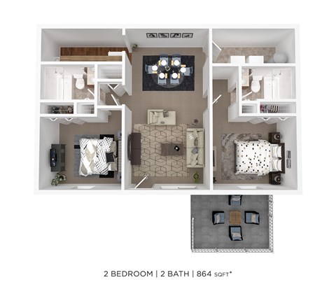 Floor plan for 2 beds, 2 baths, 864 sqft