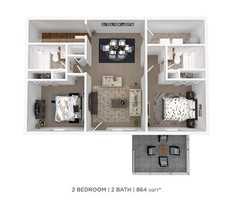 Floor plan for 2 beds, 2 baths, 864 sqft