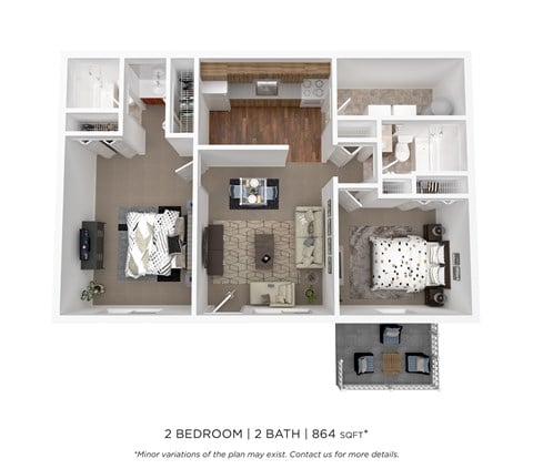 Floor plan for 2 beds, 2 baths, 864 sqft