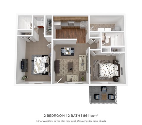Floor plan for 2 beds, 2 baths, 864 sqft