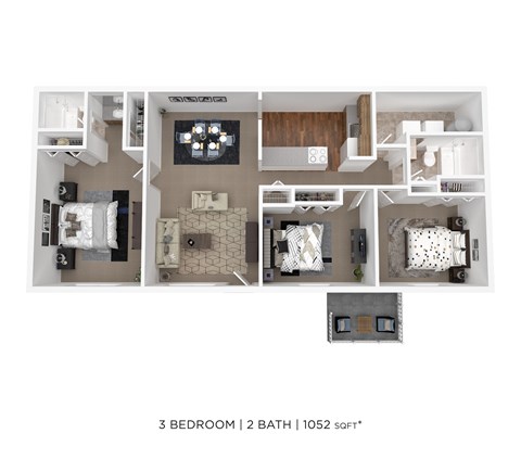 Floor plan for 3 beds, 1 bath, 1052 sqft