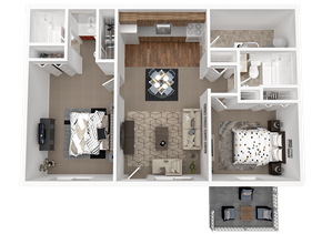 Belcamp apartment for rent - A top-down view of a house layout with a living room, kitchen, and bedrooms.