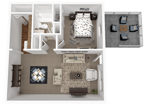 Hilliard apartment for rent - A top-down view of a small apartment layout with a bedroom, living room, and kitchen.
