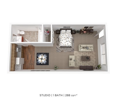 Floor plan for studio, 1 bath, 288 sqft