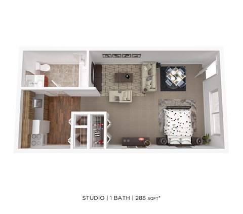 Floor plan for studio, 1 bath, 288 sqft