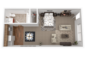 Hilliard apartment for rent - A top-down view of a small, neatly organized bedroom with a bed, desk, and shelving.