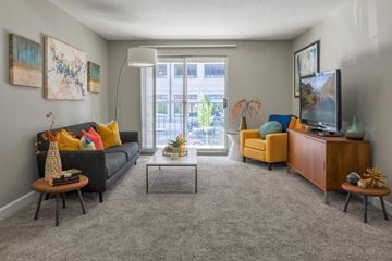South Bend apartment for rent - A living room with a grey carpet and a black couch.