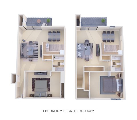 Floor plan for 1 bed, 1 bath, 700 sqft