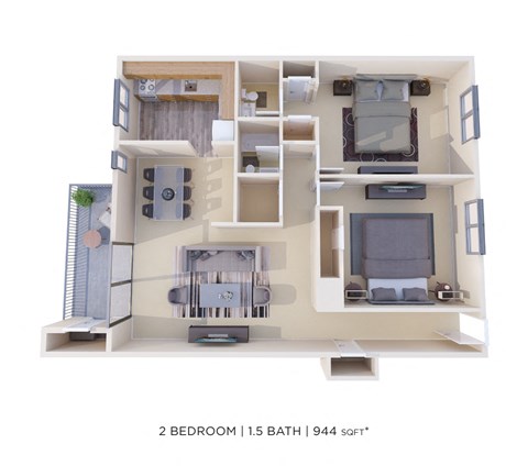 Floor plan for 2 beds, 1.5 baths, 944 sqft