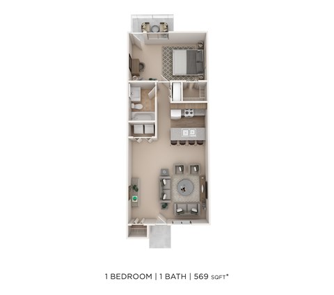 Floor plan for 1 bed, 1 bath, 596 sqft