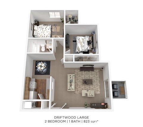 Floor plan for 2 beds, 1 bath, 823 sqft