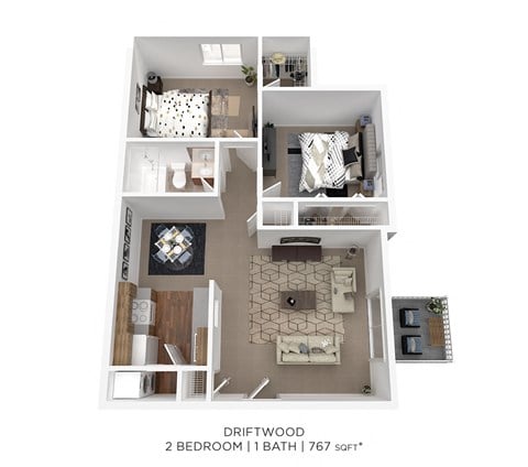 Floor plan for 2 beds, 1 bath, 767 sqft