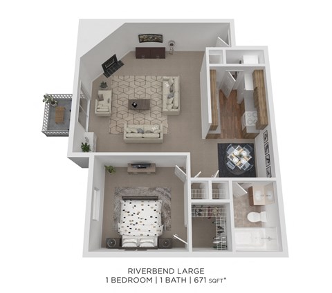 Floor plan for 1 bed, 1 bath, 671 sqft