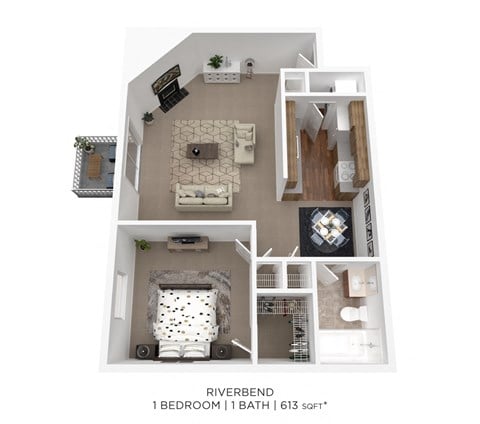 Floor plan for 1 bed, 1 bath, 613 sqft