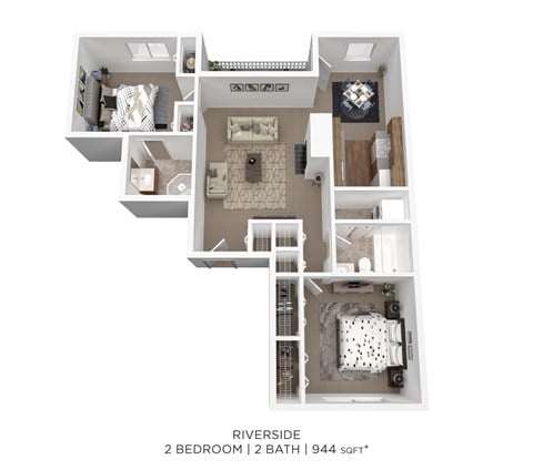 Floor plan for 2 beds, 2 baths, 944 sqft