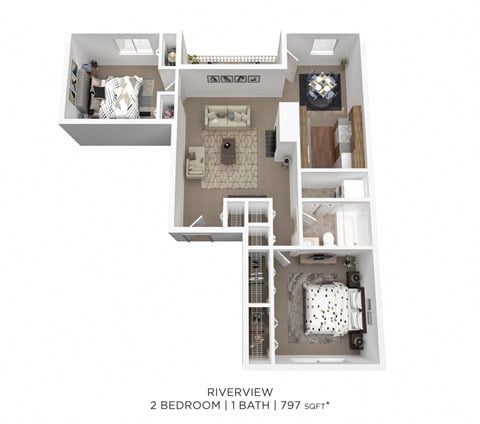 Floor plan for 2 beds, 1 bath, 797 sqft