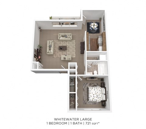 Floor plan for 1 bed, 1 bath, 721 sqft