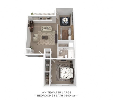 Floor plan for 1 bed, 1 bath, 640 sqft