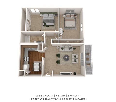 Floor plan for 2 beds, 1 bath, 875 sqft