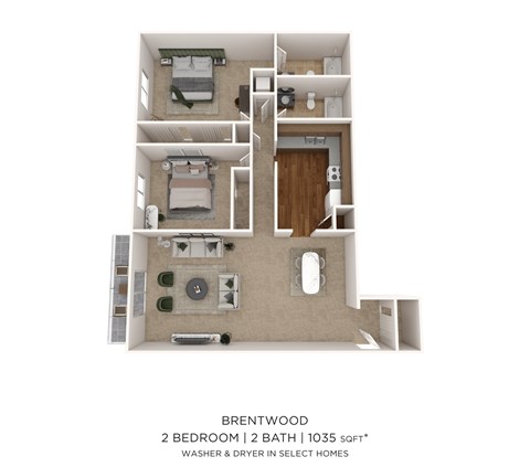 Floor plan for 2 beds, 2 baths, 1035 sqft