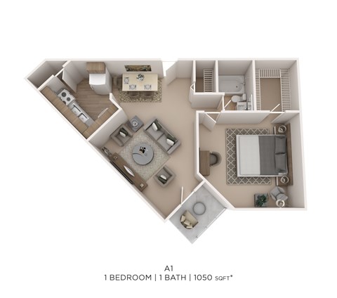 Floor plan for 1 bed, 1 bath, 1050 sqft