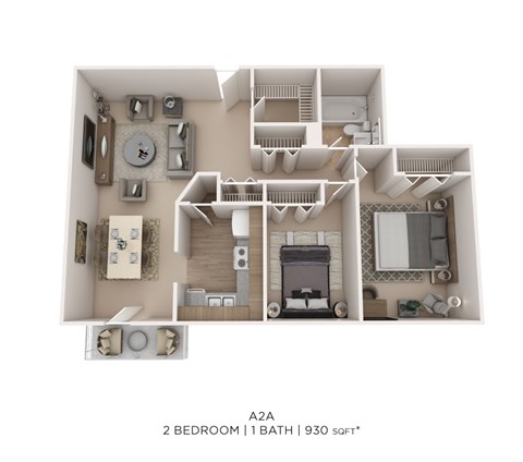 Floor plan for 2 beds, 1 bath, 930 sqft