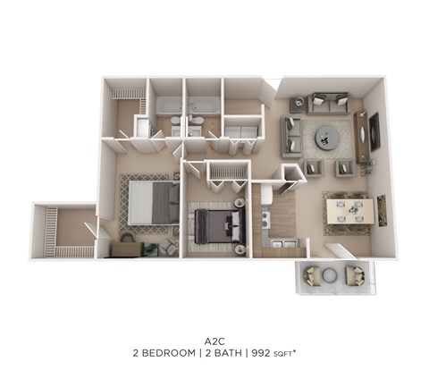 Floor plan for 2 beds, 2 baths, 992 sqft