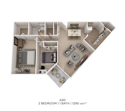 Floor plan for 2 beds, 1 bath, 1290 sqft