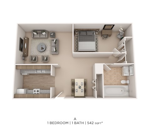 Floor plan for 1 bed, 1 bath, 542 sqft