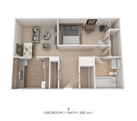 Floor plan for 1 bed, 1 bath, 585 sqft