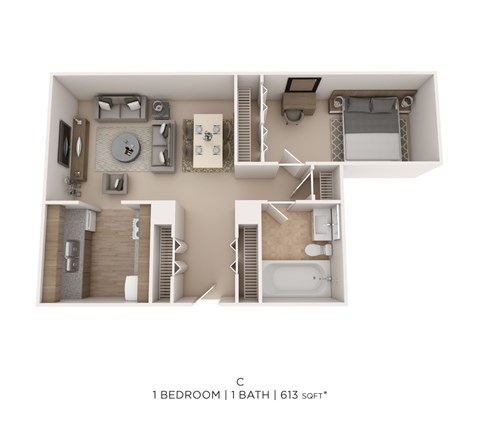 Floor plan for 1 bed, 1 bath, 613 sqft