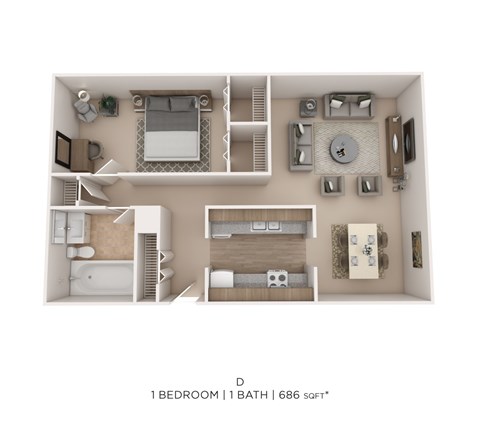 Floor plan for 1 bed, 1 bath, 686 sqft