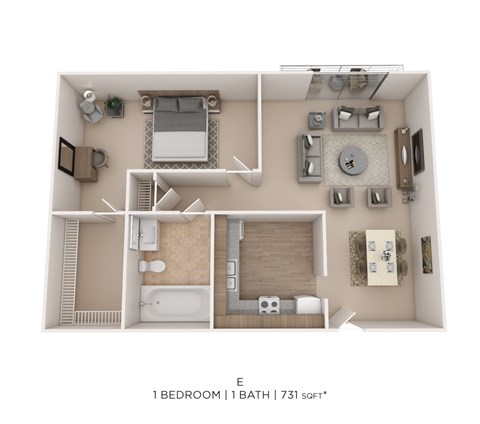 Floor plan for 1 bed, 1 bath, 731 sqft