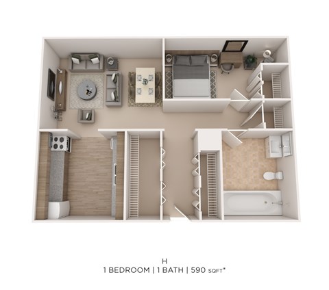 Floor plan for 1 bed, 1 bath, 590 sqft