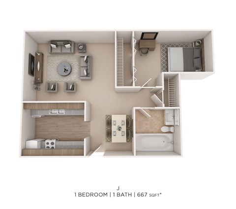 Floor plan for 1 bed, 1 bath, 667 sqft