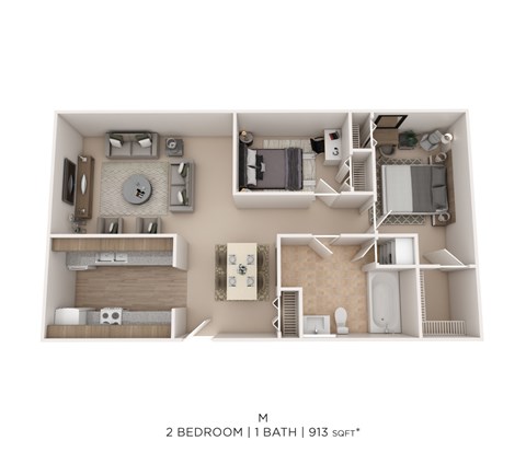 Floor plan for 2 beds, 1 bath, 913 sqft