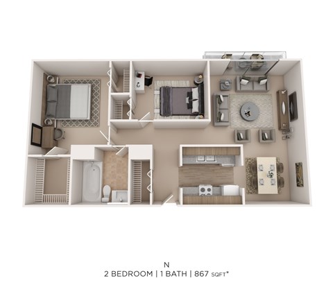 Floor plan for 2 beds, 1 bath, 867 sqft