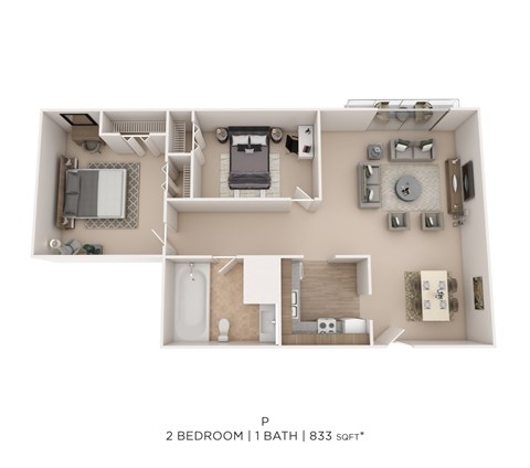 Floor plan for 2 beds, 1 bath, 833 sqft