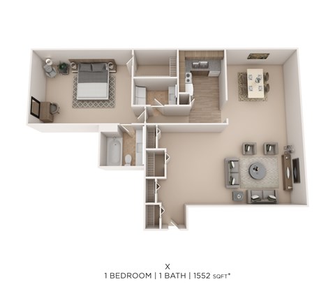 Floor plan for 1 bed, 1 bath, 1552 sqft