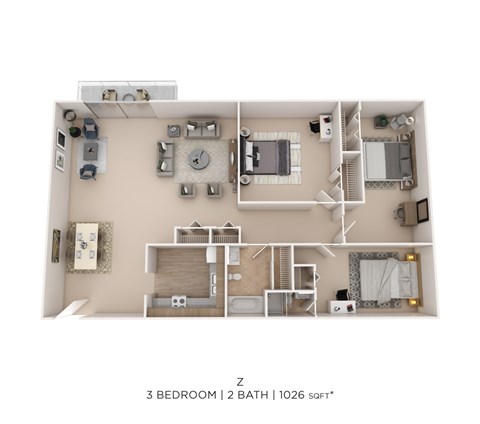 Floor plan for 3 beds, 2 baths, 1026 sqft