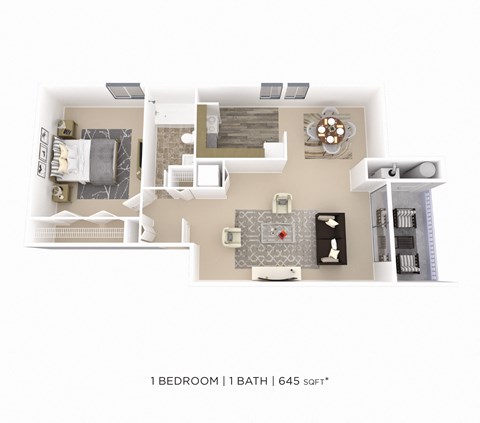 Floor plan for 1 bed, 1 bath, 645 sqft