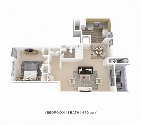 Floor plan for 1 bed, 1 bath, 670 sqft