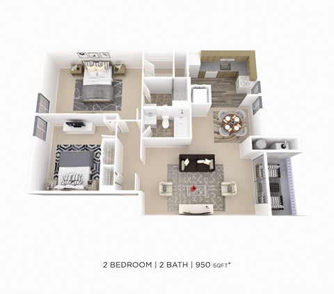 Floor plan for 2 beds, 2 baths, 950 sqft
