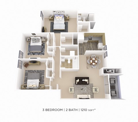 Floor plan for 3 beds, 2 baths, 1210 sqft