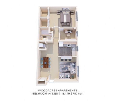 Floor plan for 1 bed, 1 bath, 787 sqft
