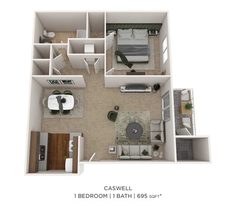 Floor plan for 1 bed, 1 bath, 695 sqft